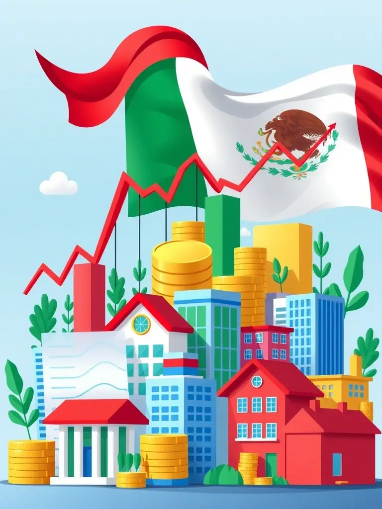 A diverse portfolio showcasing various investment options available in the Mexican market, including stocks, bonds, and real estate, set against a backdrop of the Mexican flag.