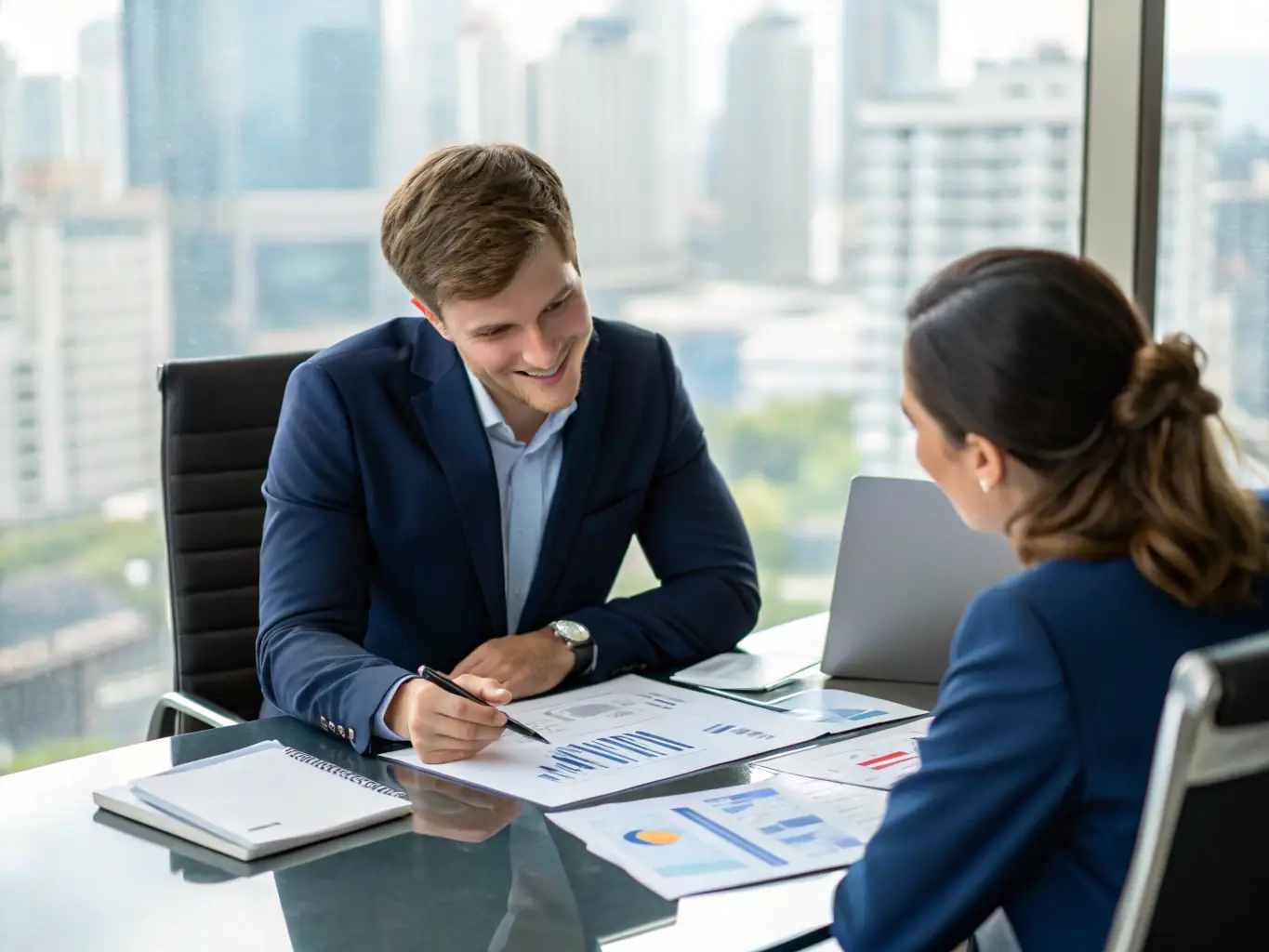 An image of a financial advisor analyzing investment charts on a digital tablet with Mexico City skyline in the background.