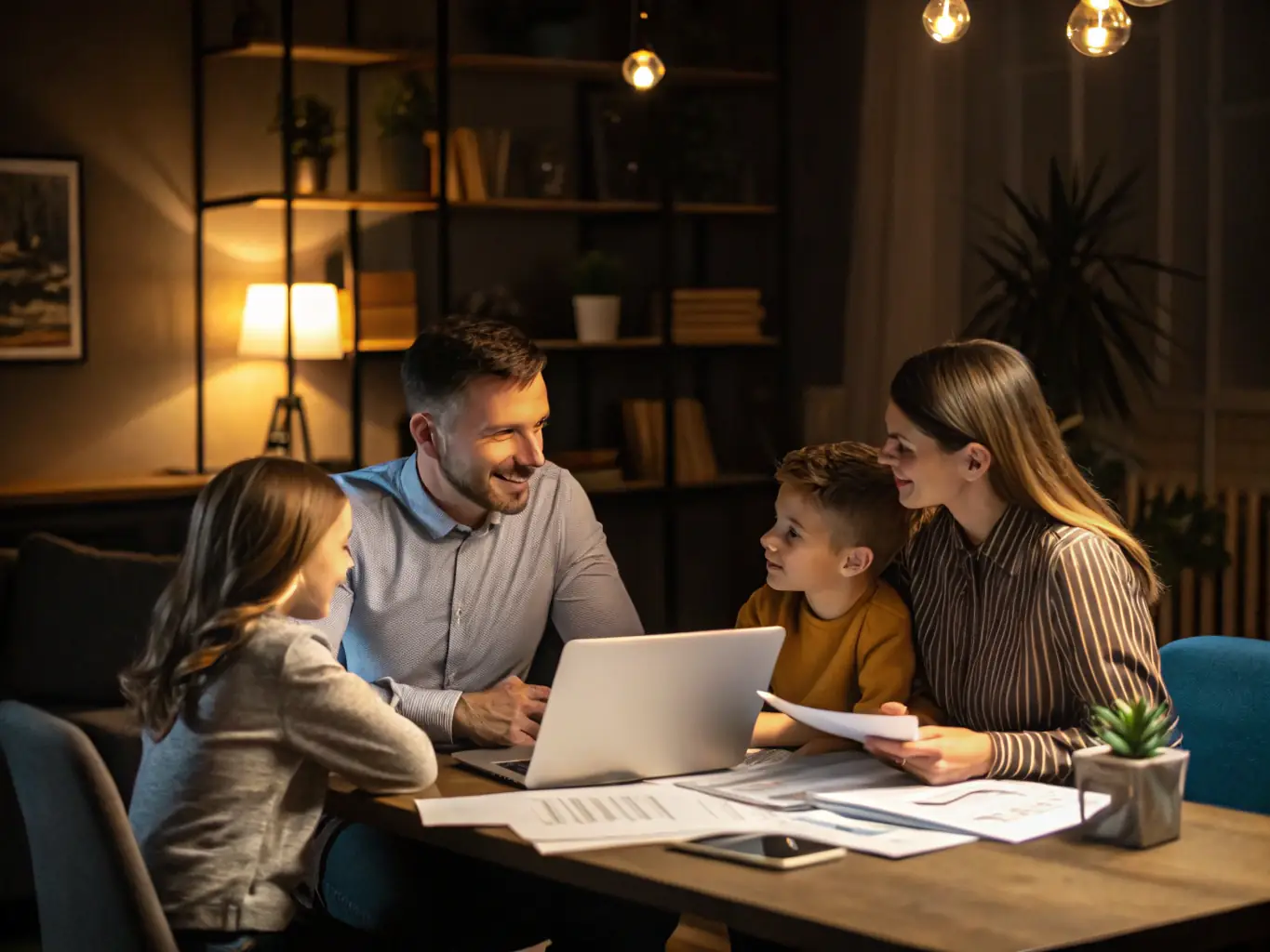 A family reviewing their financial plan with a consultant, with charts and documents on the table.