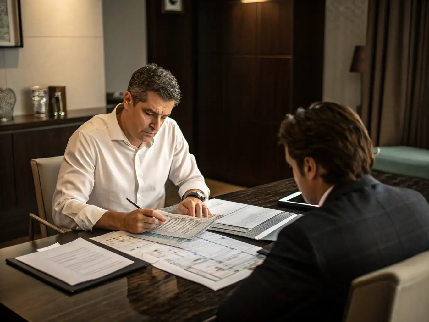 A professional financial advisor discussing wealth plans with a client in an elegant office setting.