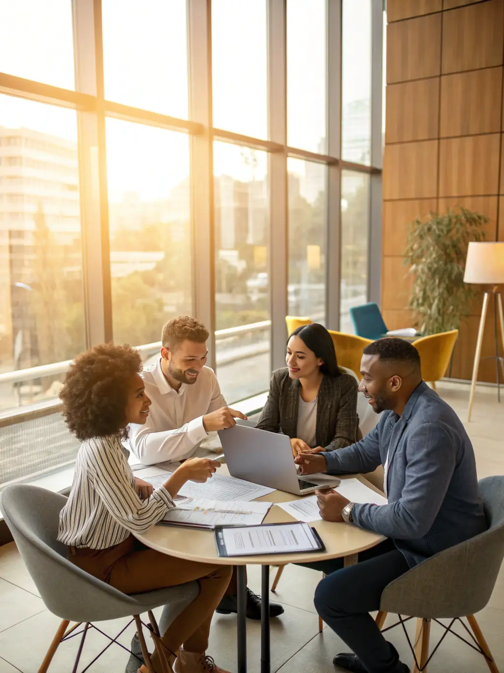 A group of diverse professionals in a modern office setting in Mexico, collaborating on financial solutions, symbolizing Adaptation Gate's commitment to teamwork and client success.